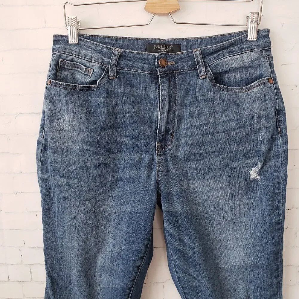 Judy Blue Patch Knee Boyfriend Jeans Size 13 / 31 Dark Wash Distressed Stretch - Picture 3 of 10